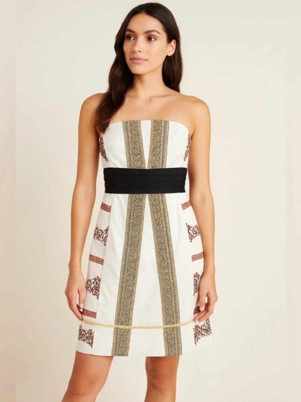 New Floreat Anthro Size 10 Embroidered Strapless Sash Pocket Pier Sun Dress